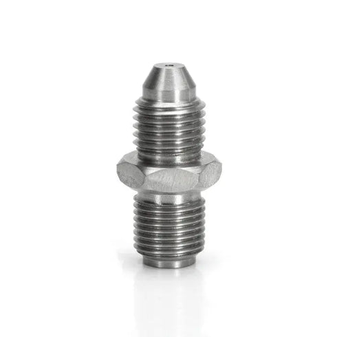 HEL Stainless Steel -4 AN Male to 7/16" x 24 Male Straight Adapter with 0.7mm Restriction for Turbo Oil Feeds HEL