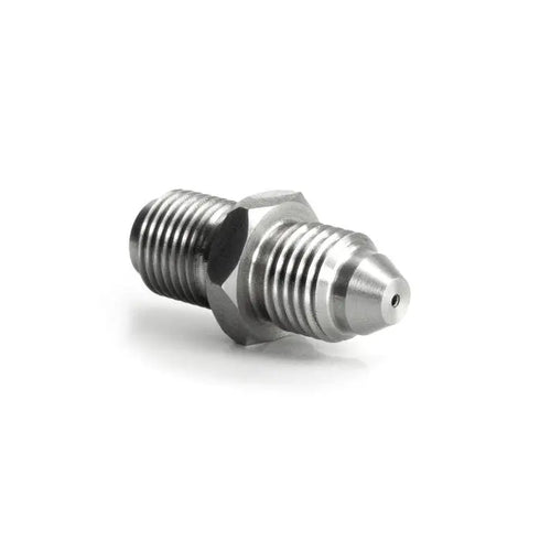HEL Stainless Steel -4 AN Male to 7/16" x 24 Male Straight Adapter with 1.2mm Restriction for Turbo Oil Feeds HEL